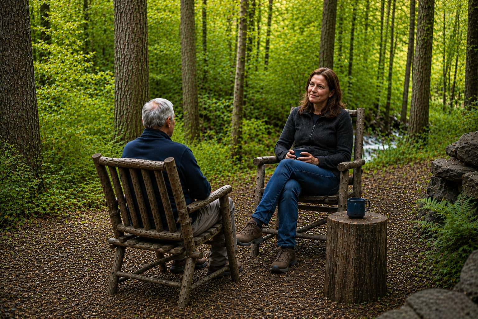 Two people sitting together in conversation in the woods