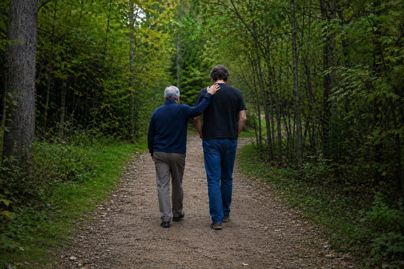 Two men walking together on a forest path
